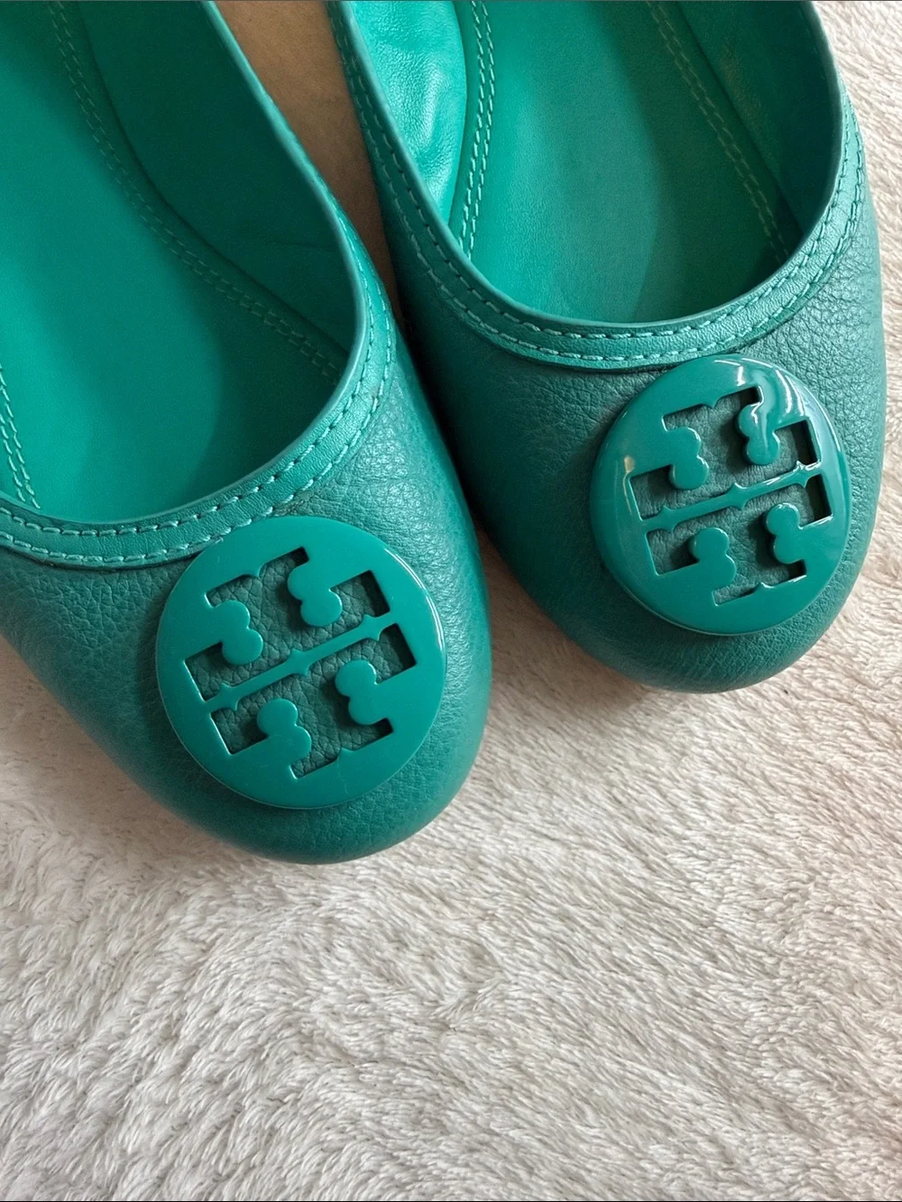 Tory Burch Turquoise Teal Leather Logo Ballet Flats Size 8